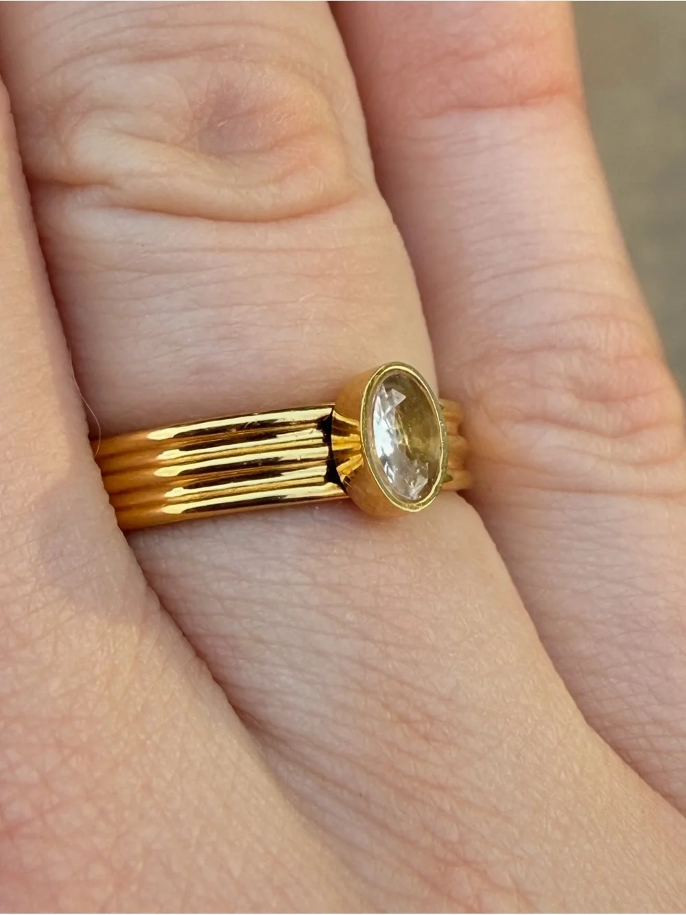 Modern Waterproof Gold Ribbed Oval Stone Ring | Size 6